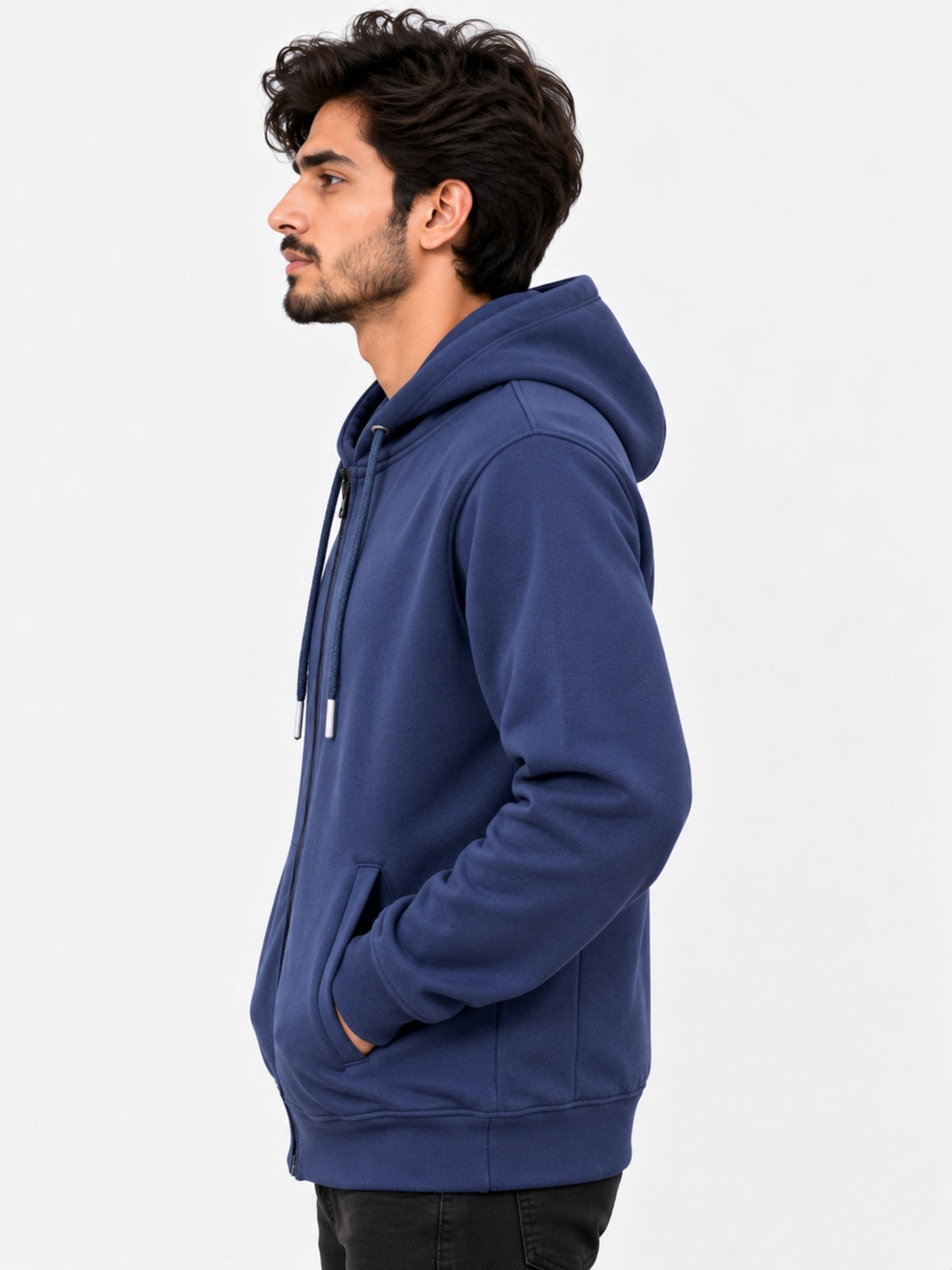 Men Plain Fleece Zip Up Hoodie - Navy