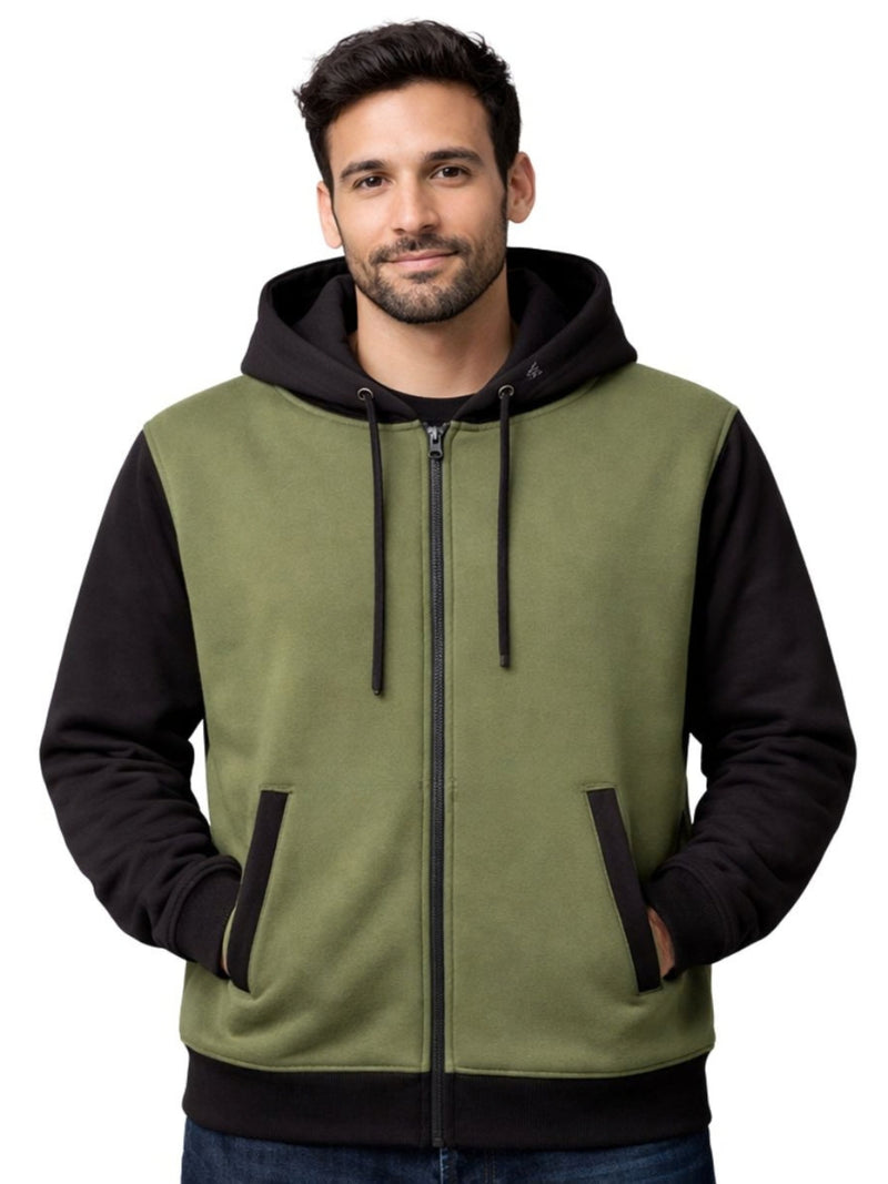 HG Two-Tone Fleece Zip-Up Hoodie – Olive Green & Black