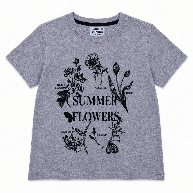 Girls’ Summer Flowers Graphic Printed T-Shirt – Storm Gray