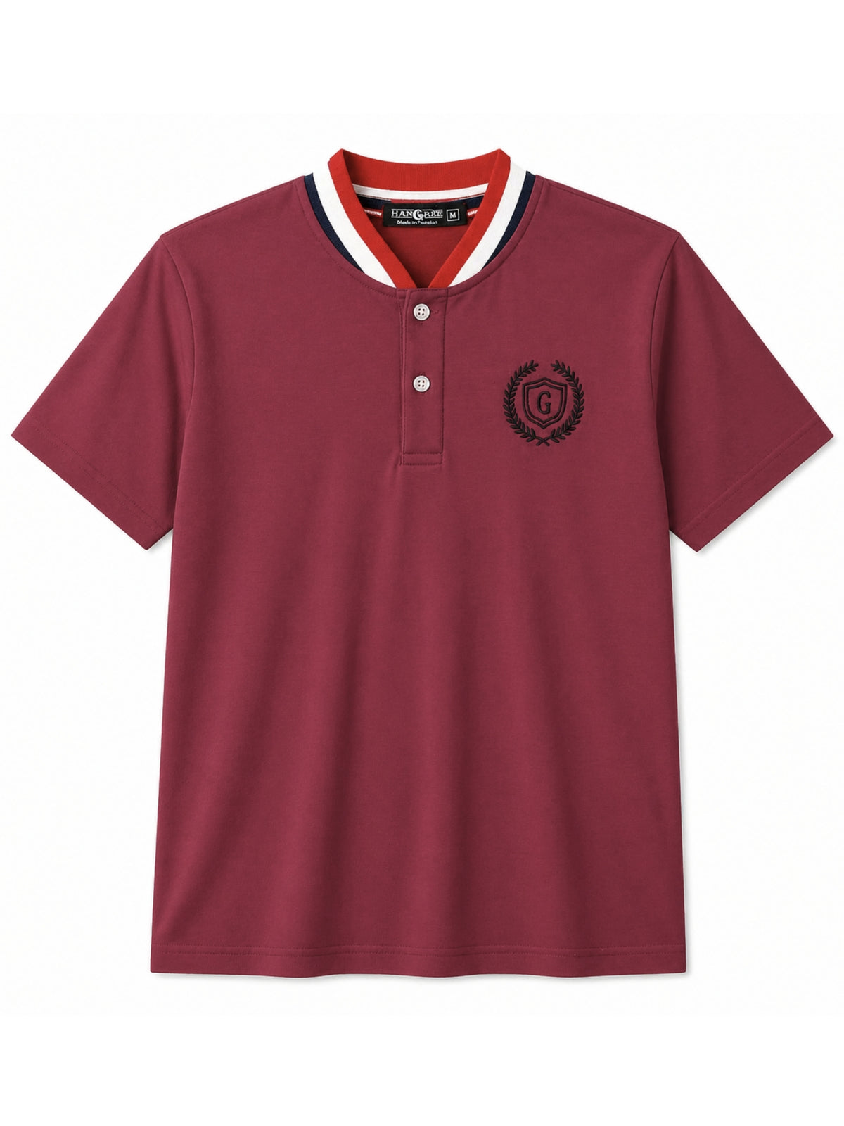 Men’s Signature Embroidered Contrast Neck Henley T-Shirt – Maroon