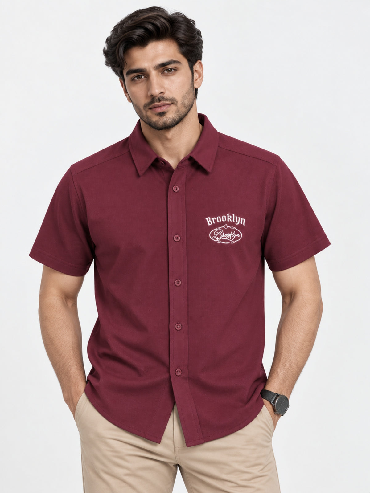 Classy "Brooklyn" Embroidered Soft Cotton Casual Shirt - Maroon