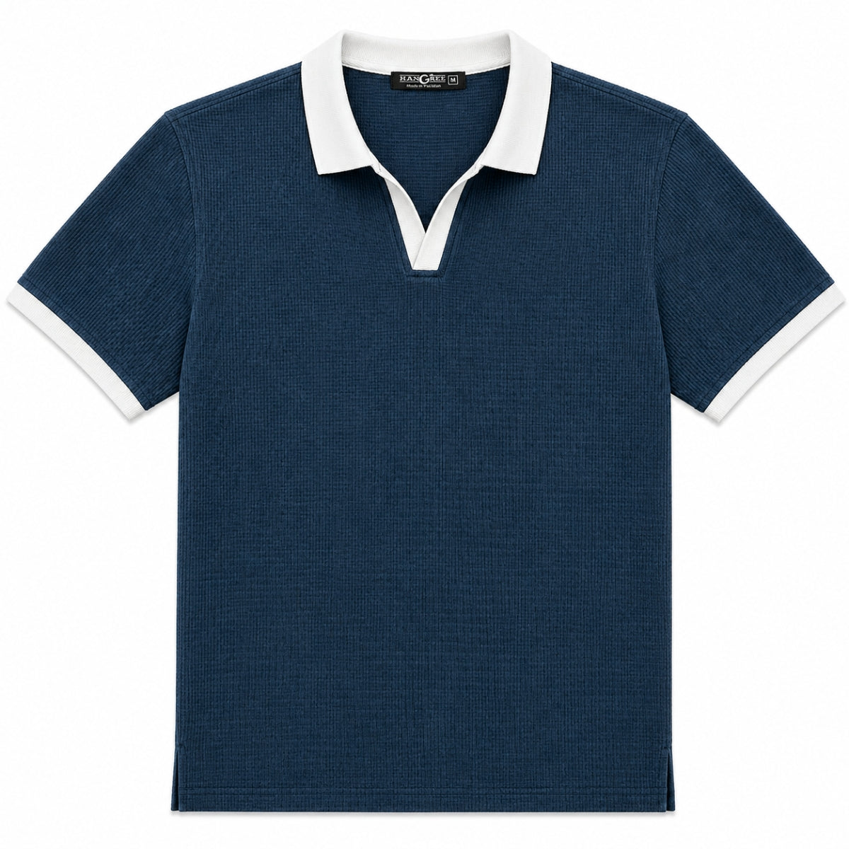 Men’s Classic Thermal Knit Contrast Collar Polo Shirt – Navy Blue