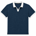 Men’s Classic Thermal Knit Contrast Collar Polo Shirt – Navy Blue