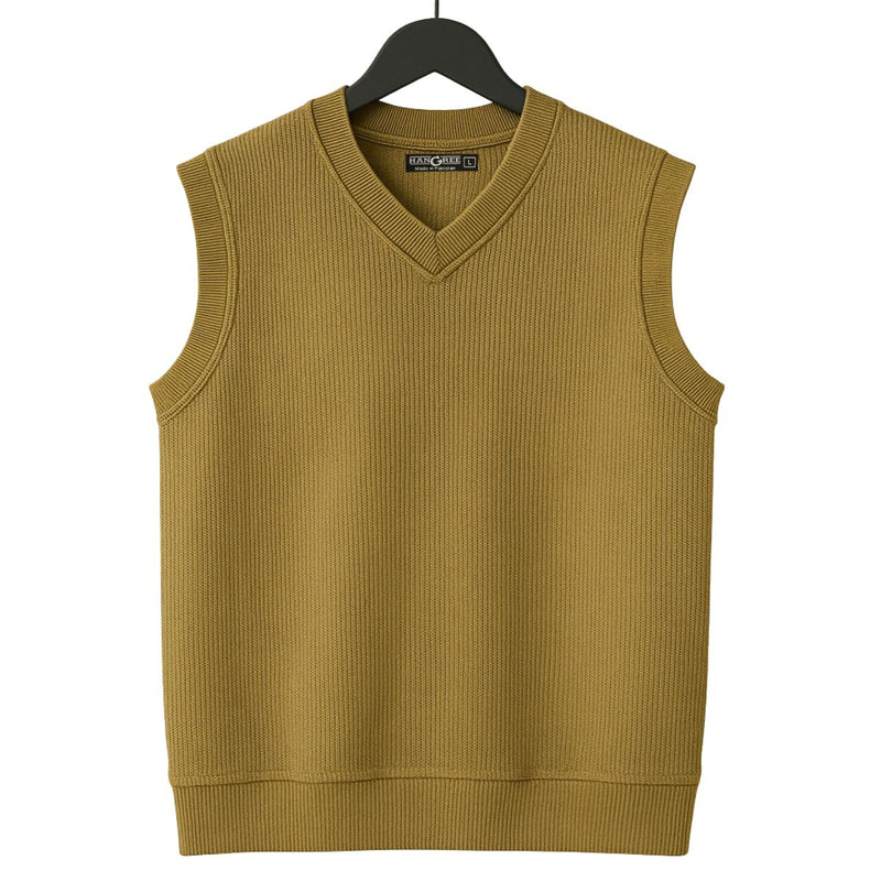 HG Men's Ribbed V-Neck Sleeveless Sweater - Gold Brown
