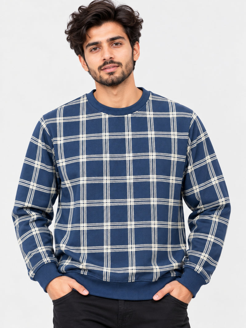 Men Exclusive Check Pattern Fleece Sweat Shirt - Navy