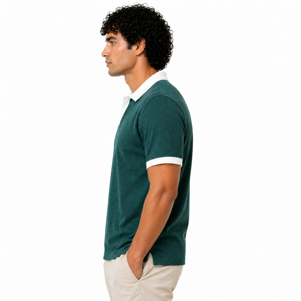Men’s Classic Thermal Knit Contrast Collar Polo Shirt – Casal Green