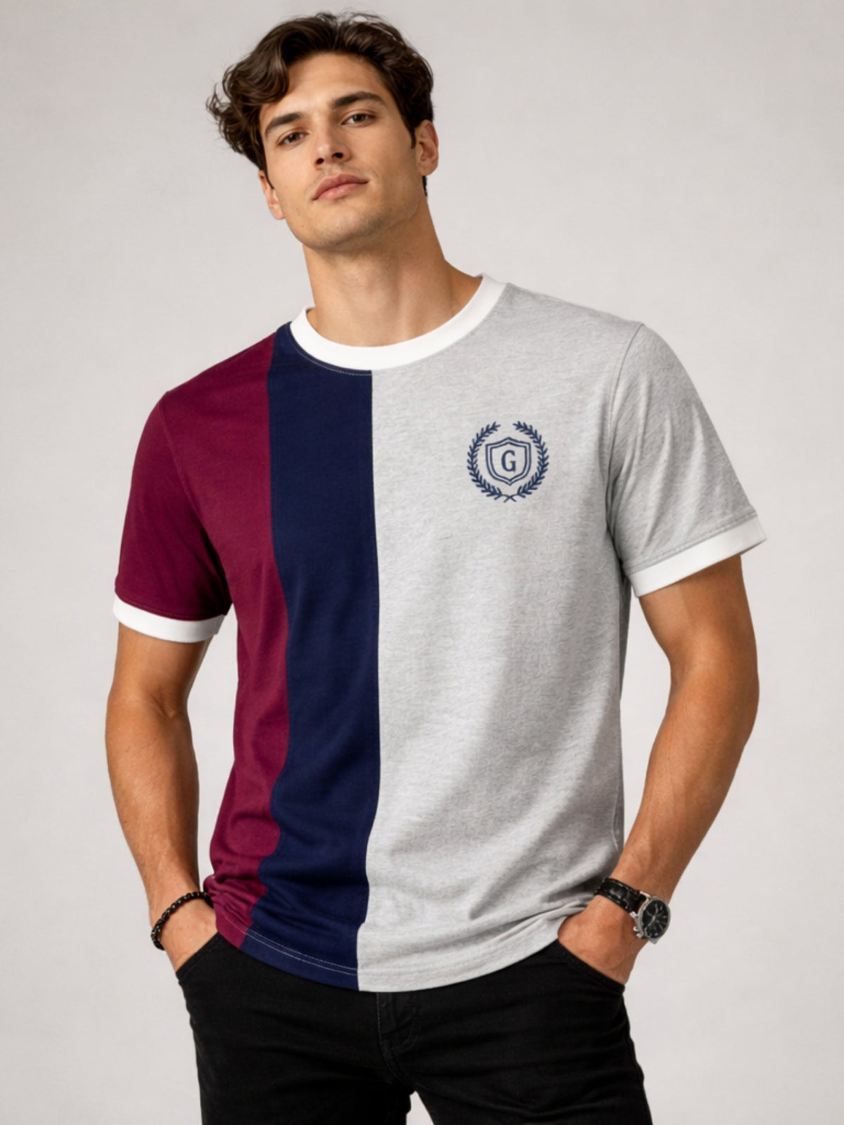 Men's Premium Vertical Panel Tee Shirt - Maroon / Navy / Grey