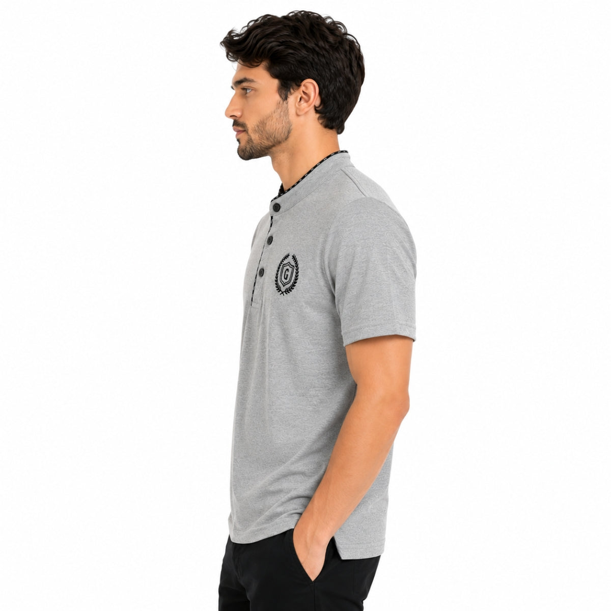 Men’s Signature Emb. Ban Collar Henley Tee Shirt – Light Gray