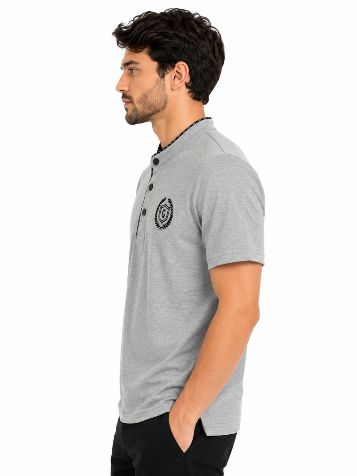 Men’s Signature Emb. Ban Collar Henley Tee Shirt – Light Gray