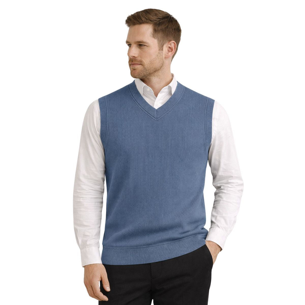 HG Men's Ribbed V-Neck Sleeveless Sweater - Slate Blue