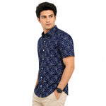 Men’s Geometric Pattern Half Sleeve Casual Shirt – Navy