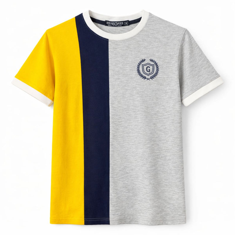 Men's Premium Vertical Panel Tee Shirt - Yellow / Navy / Grey