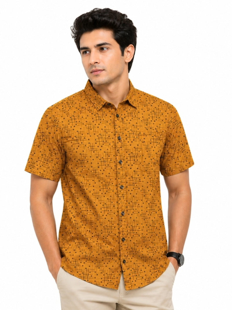 Men’s Geometric Pattern Half Sleeve Casual Shirt – Mustard