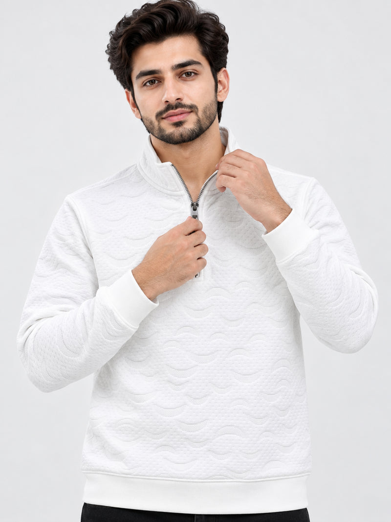 HG Premium Quilted Mock Neck Half Zipper Sweat Shirt - Super White