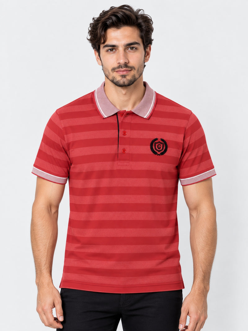HG Signature Emb Stripper Contrast Collar Polo Shirt - Red