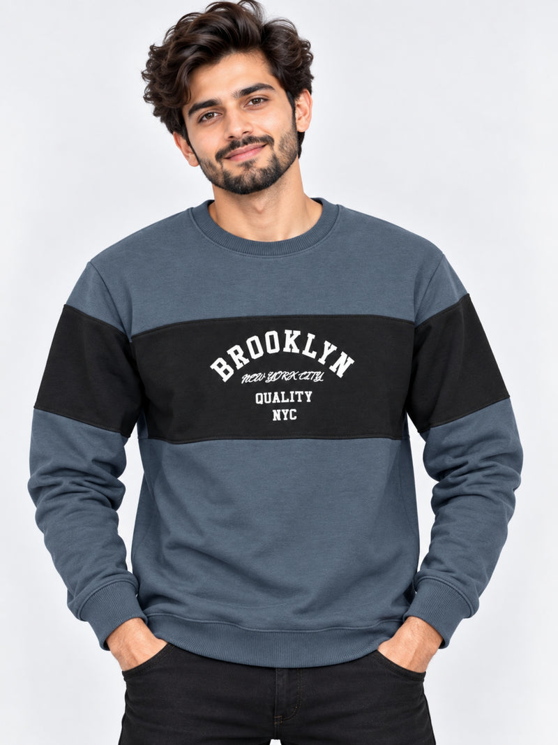Cut & Sew "Brooklyn" Printed Panel Sweat Shirt - Gray