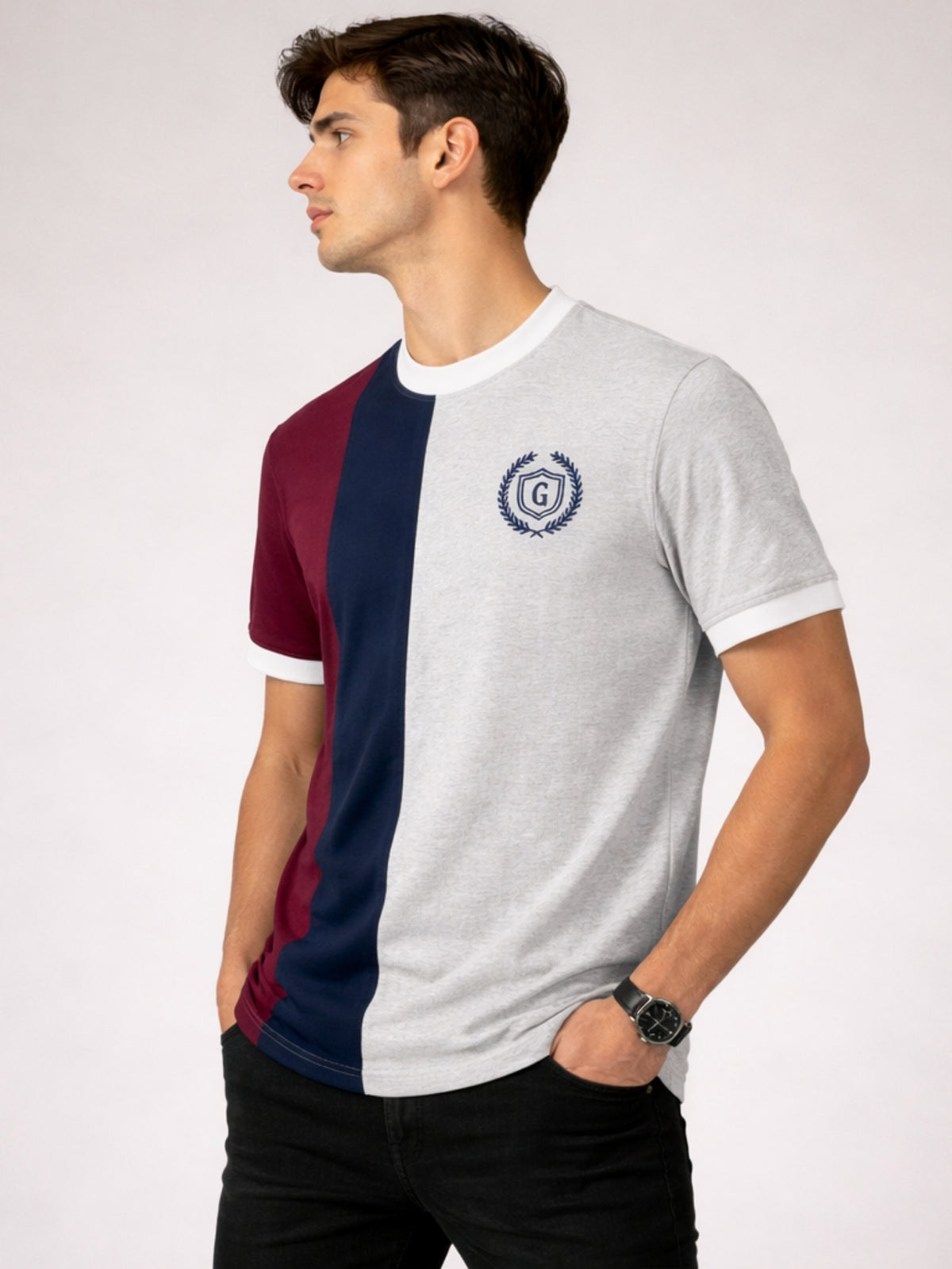 Men's Premium Vertical Panel Tee Shirt - Maroon / Navy / Grey