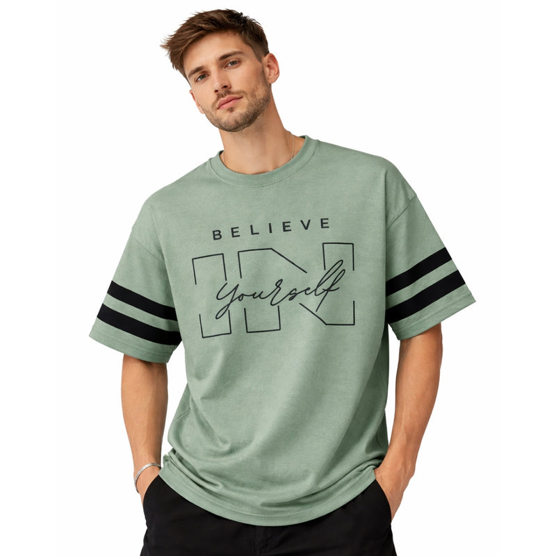 Unisex Oversized Graphic Printed Drop Shoulder T-Shirt - Greenish Gray