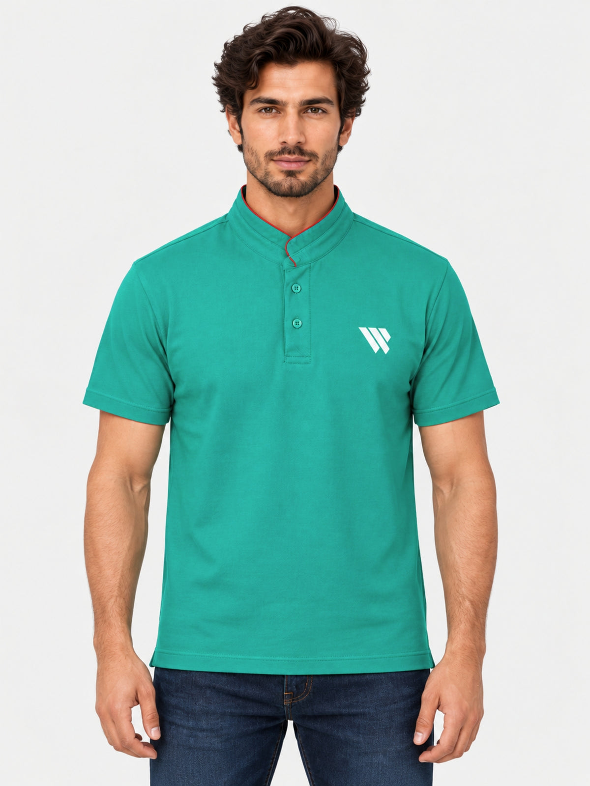 West Line Ban Collar Men Polo Shirt - Green