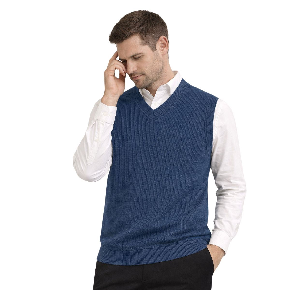 HG Men's Ribbed V-Neck Sleeveless Sweater - Rhino Blue