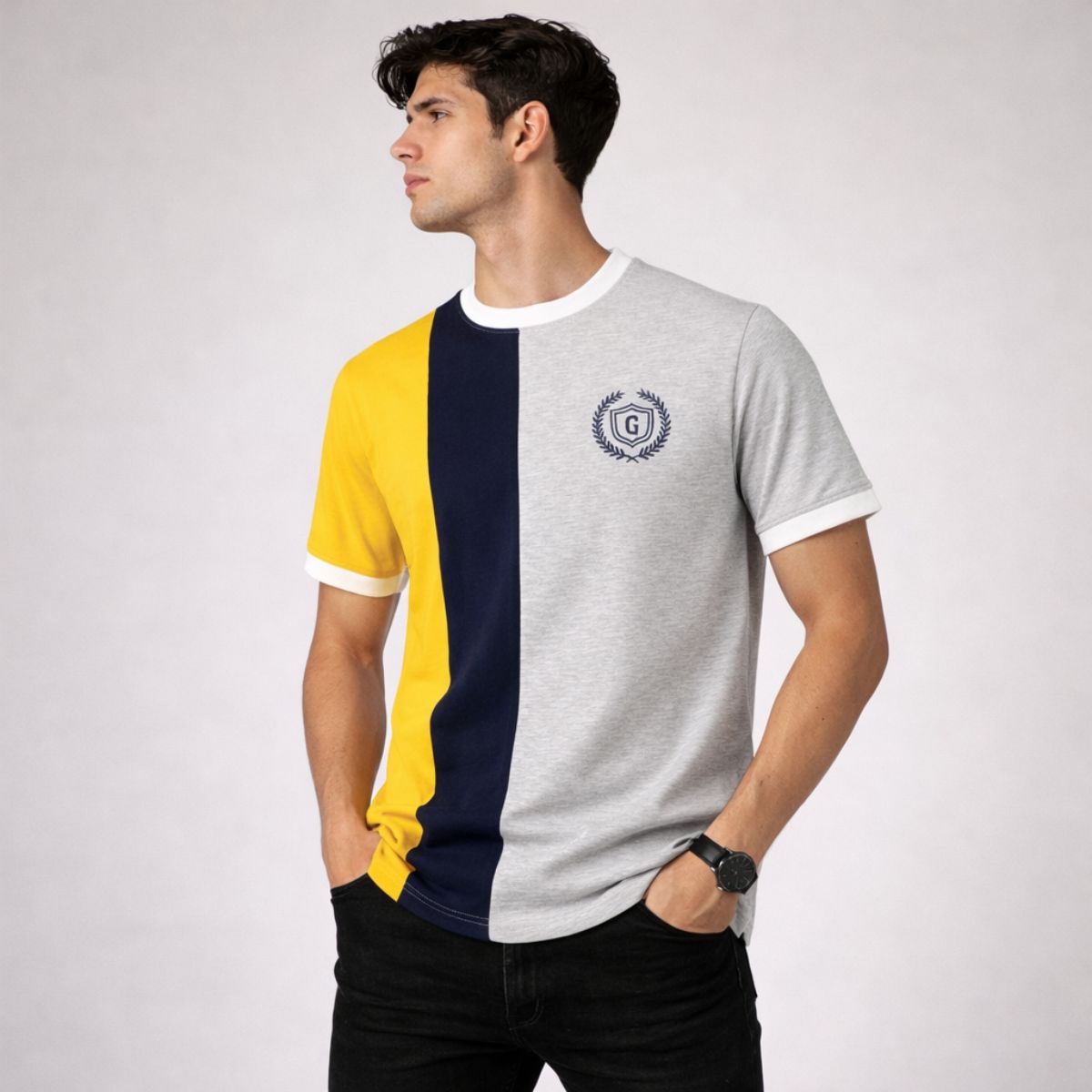 Men's Premium Vertical Panel Tee Shirt - Yellow / Navy / Grey