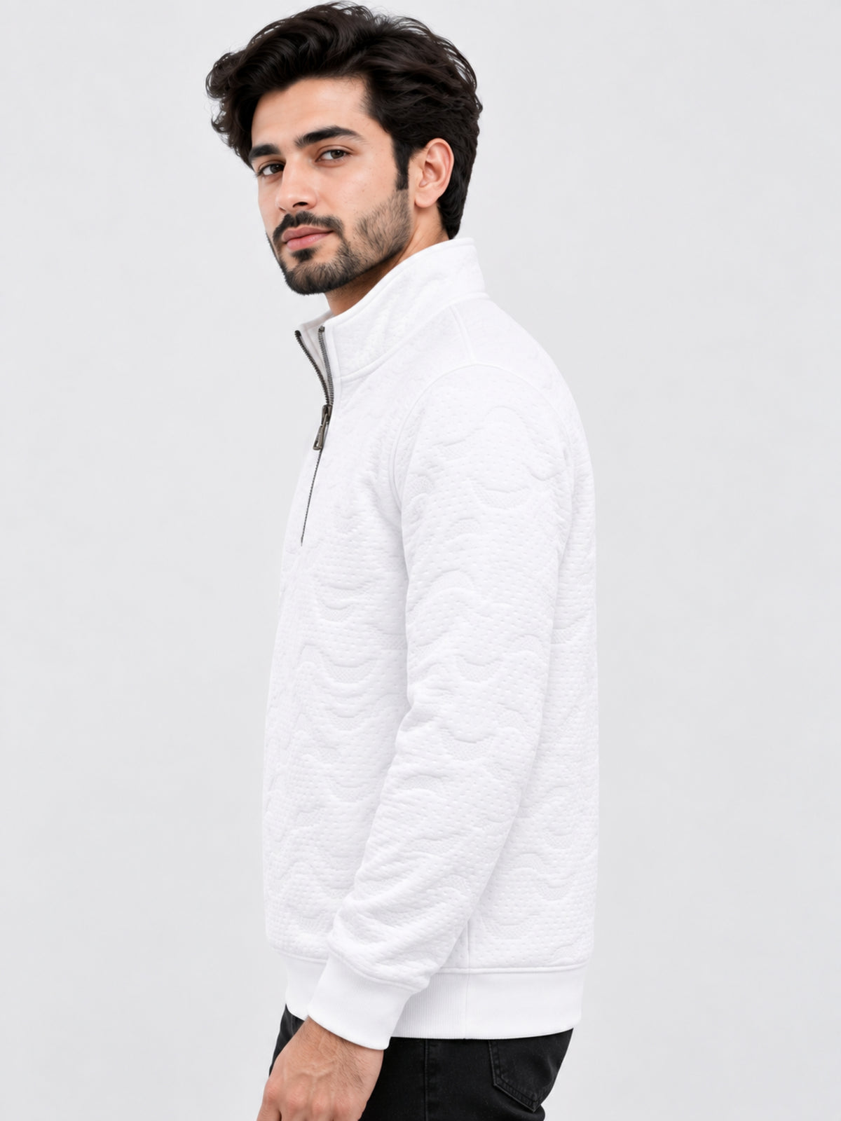 HG Premium Quilted Mock Neck Half Zipper Sweat Shirt - Super White