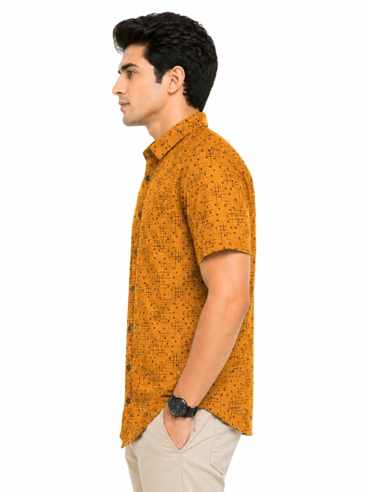Men’s Geometric Pattern Half Sleeve Casual Shirt – Mustard