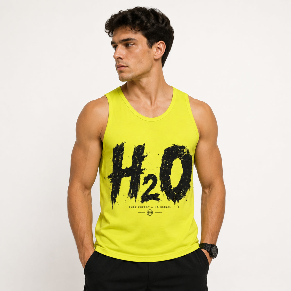 Men's H2O Graphic Sleeveless Cotton Jersey Tank Top - Neon Lime