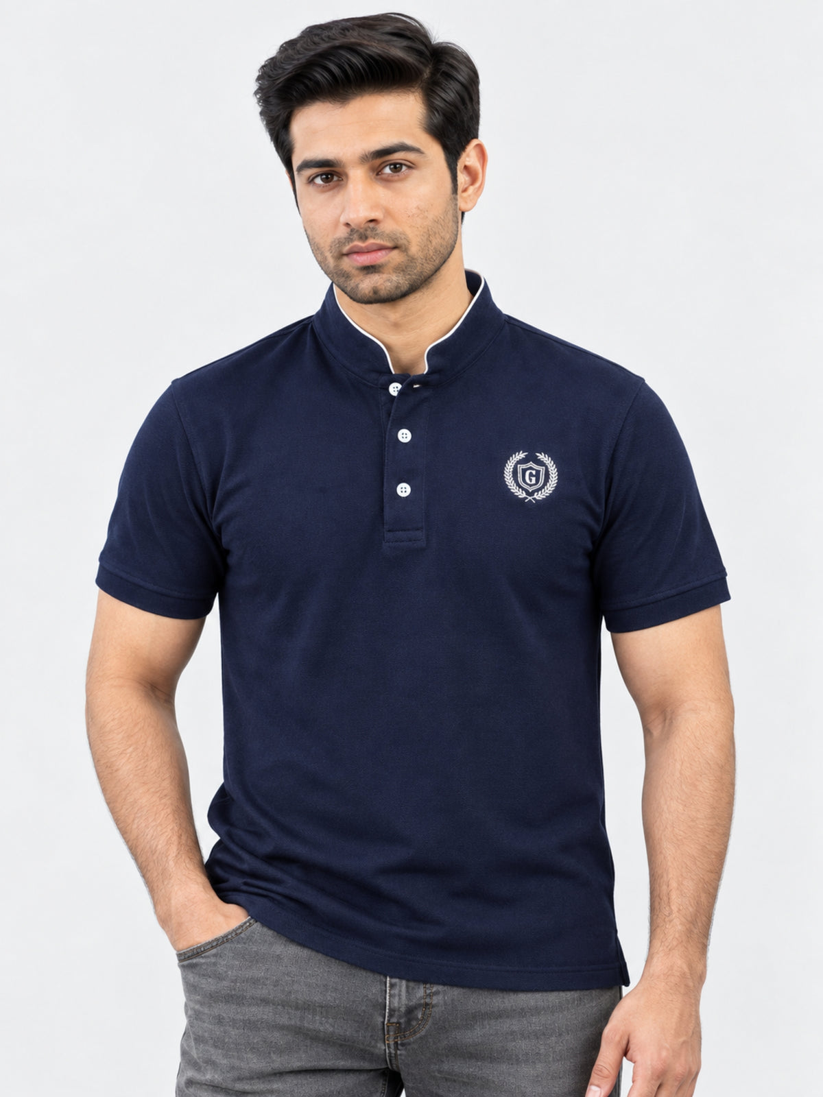 HG Stylish Ban Collar Polo Shirt For Men's - Navy Blue