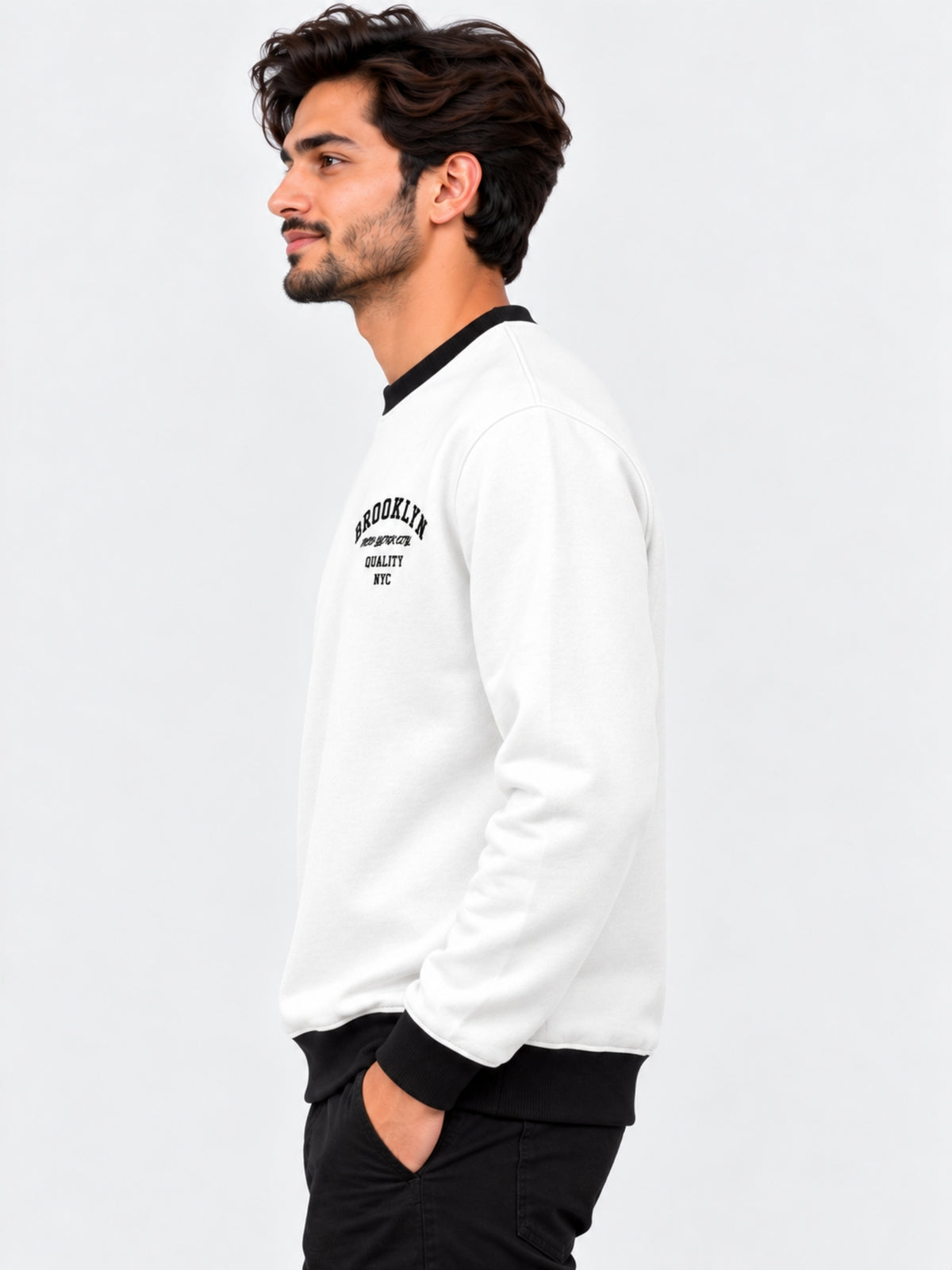 HG "BROOKLYN" Printed Plain Fleece Sweat Shirt - White
