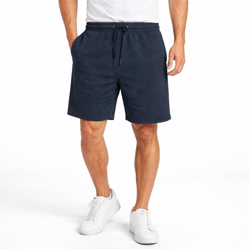 Men’s Horizontal Pattern Polyester Casual Two Quarter Shorts – Navy Black