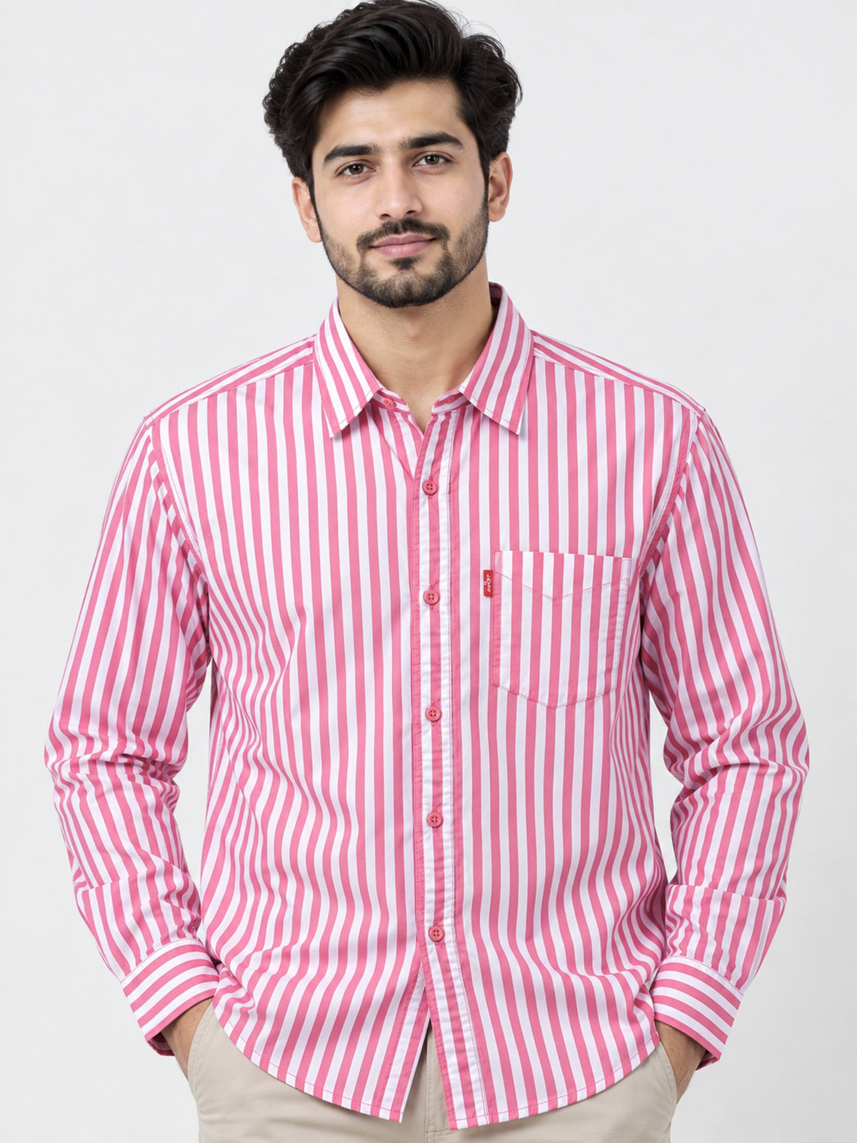 Men's Vertical Striped Full Sleeves Casual Shirt - Pink & White