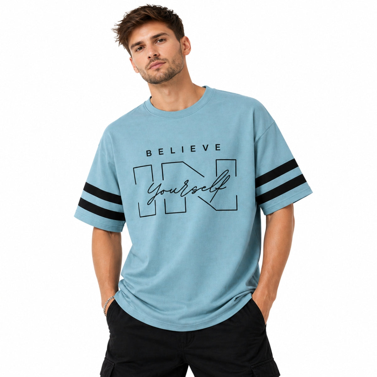 Unisex Oversized Graphic Printed Drop Shoulder T-Shirt - Moonstone Blue