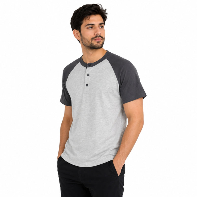 Men’s Casual Comfort Raglan Henley Tee Shirt – Light Gray