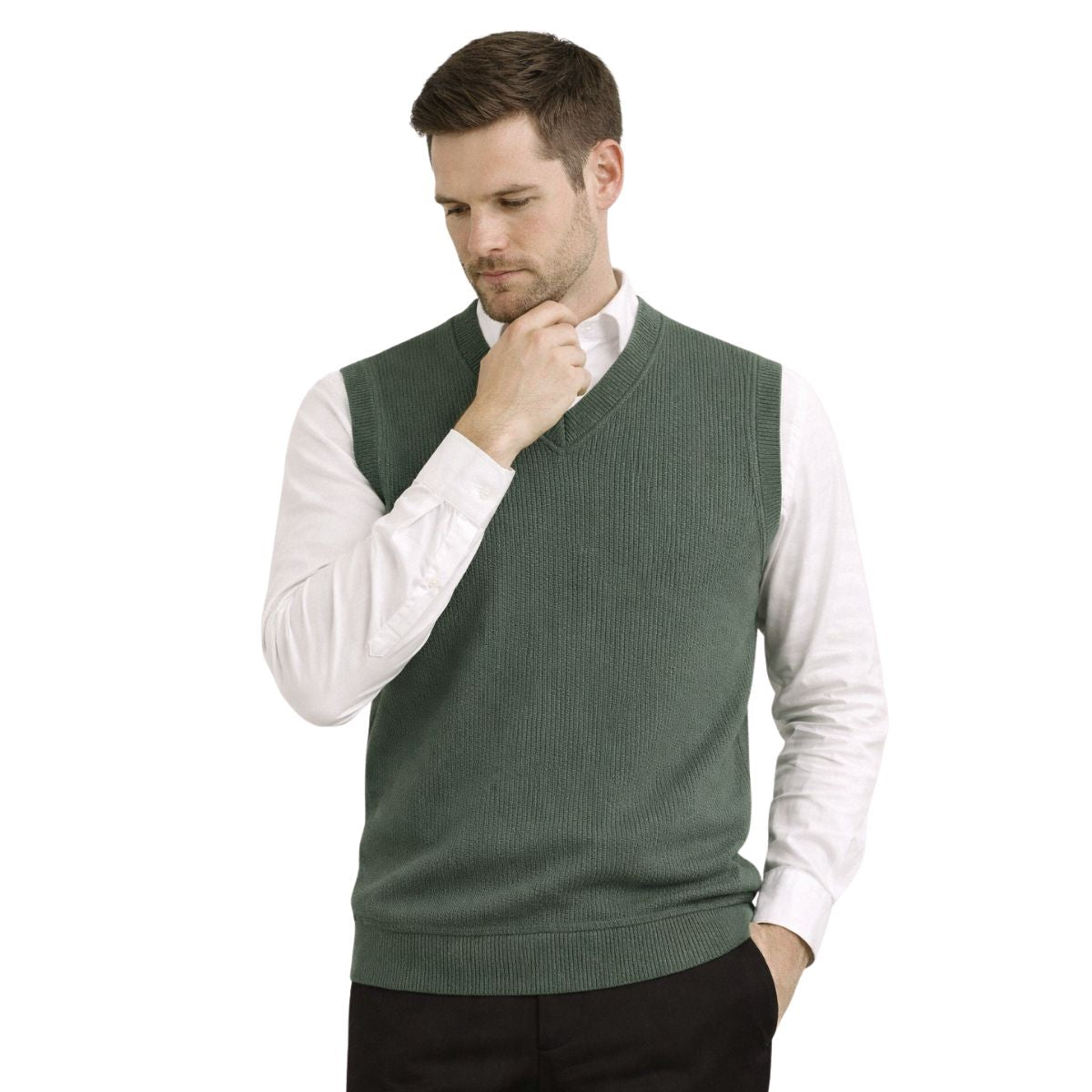 HG Men's Ribbed V-Neck Sleeveless Sweater - Lunar Green