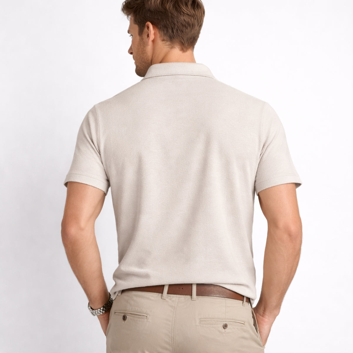 Men’s Premium Textured Half-Zip Polo Shirt – Beige