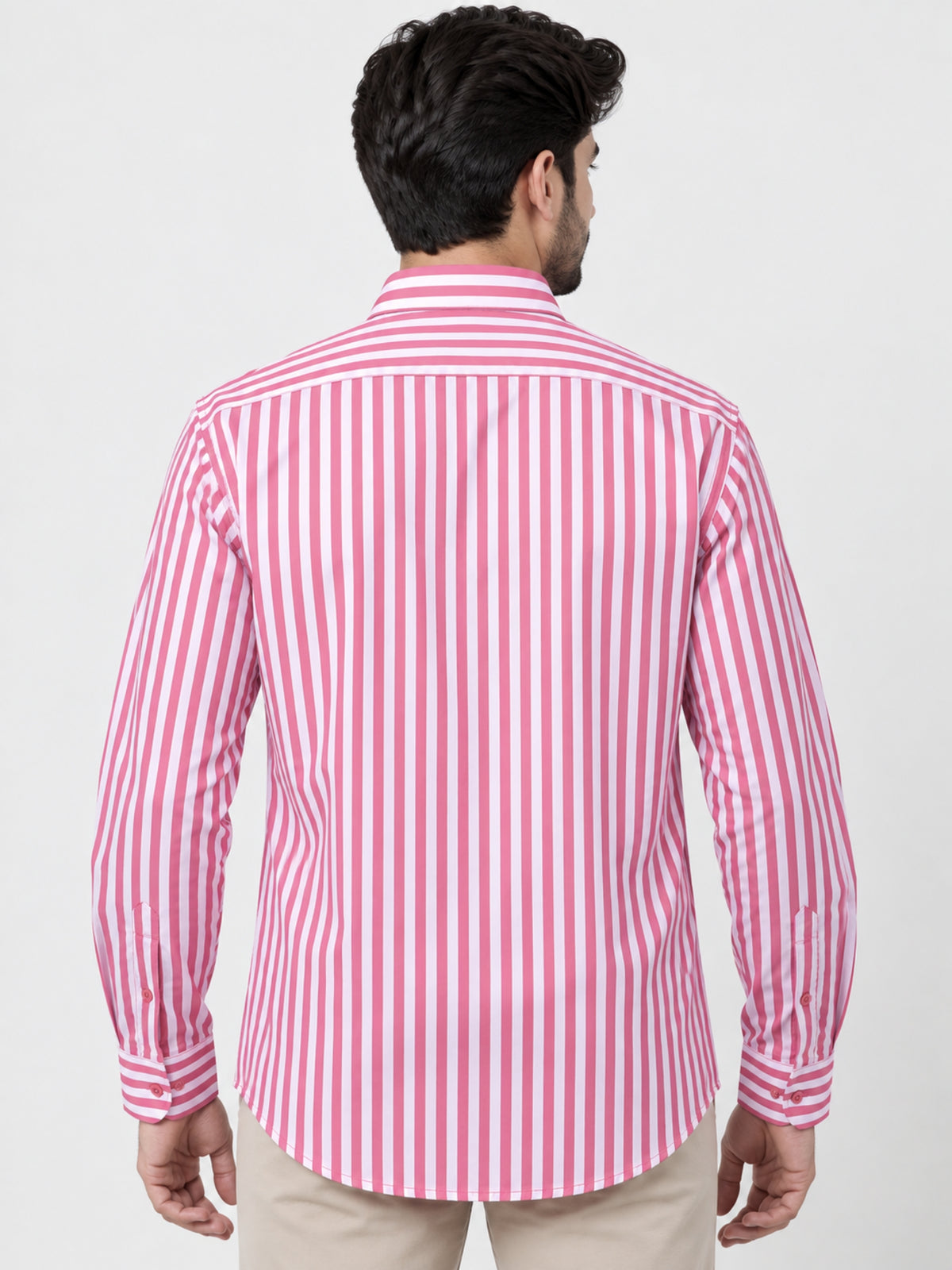 Men's Vertical Striped Full Sleeves Casual Shirt - Pink & White