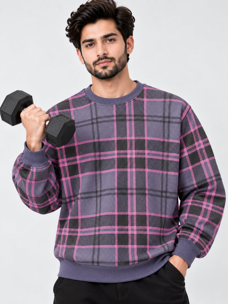 Men's Multicolor Checkered Dropshoulder Light Fleece Sweatshirt