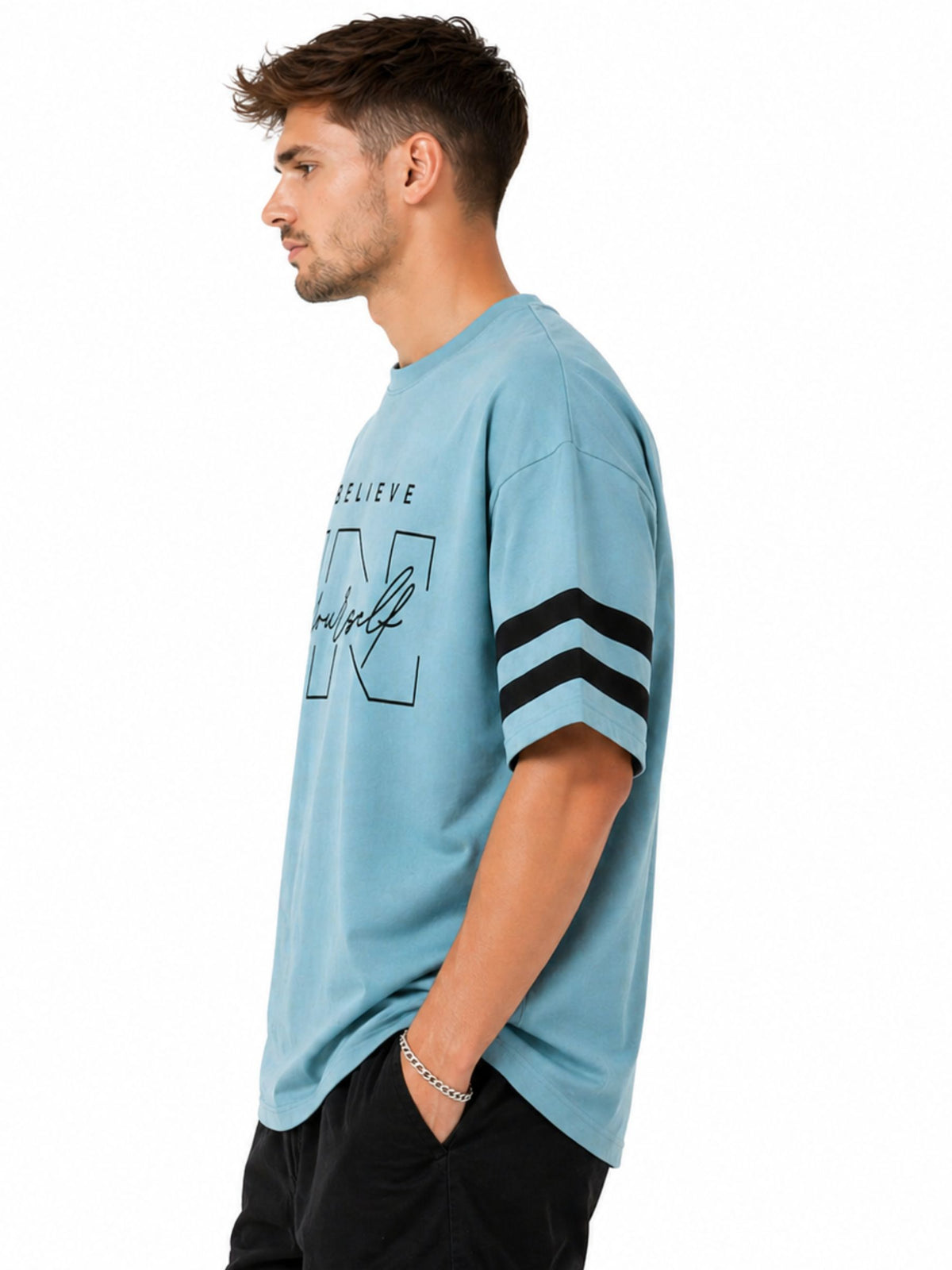 Unisex Oversized Graphic Printed Drop Shoulder T-Shirt - Moonstone Blue