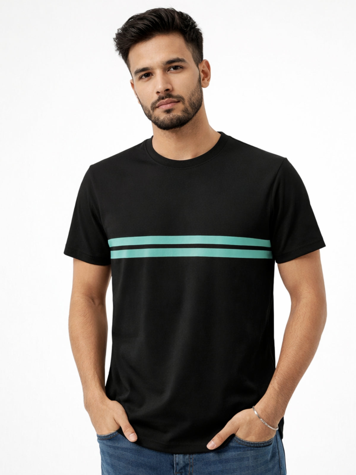 Men’s Premium Contrast Chest Stripe T-Shirt – Black