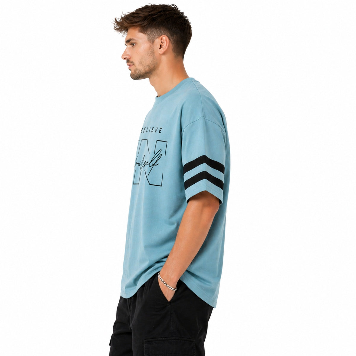 Unisex Oversized Graphic Printed Drop Shoulder T-Shirt - Moonstone Blue