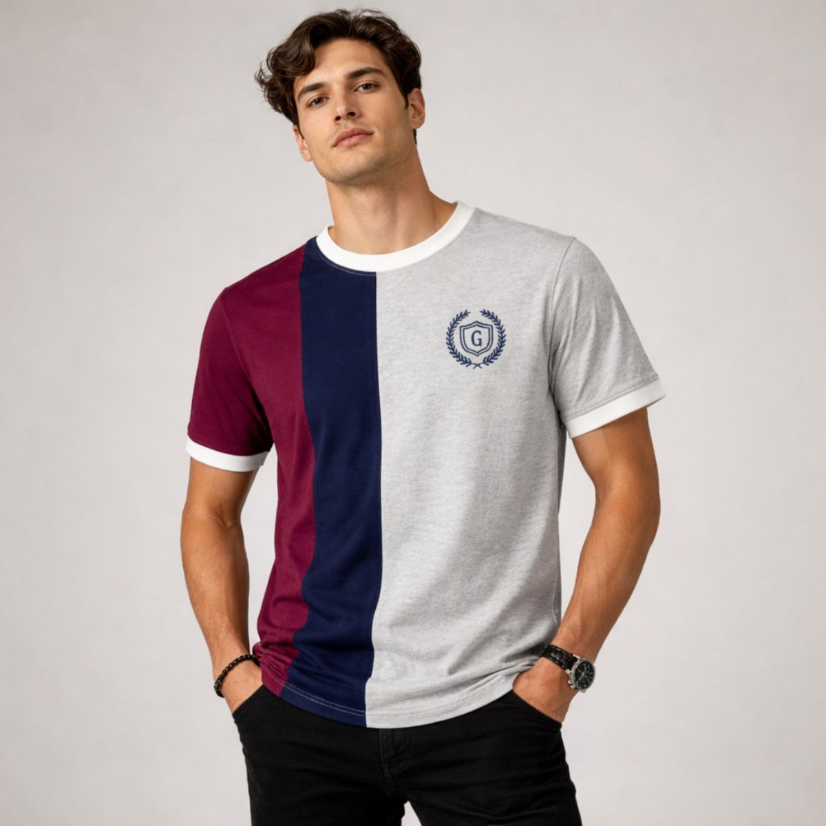 Men's Premium Vertical Panel Tee Shirt - Maroon / Navy / Grey