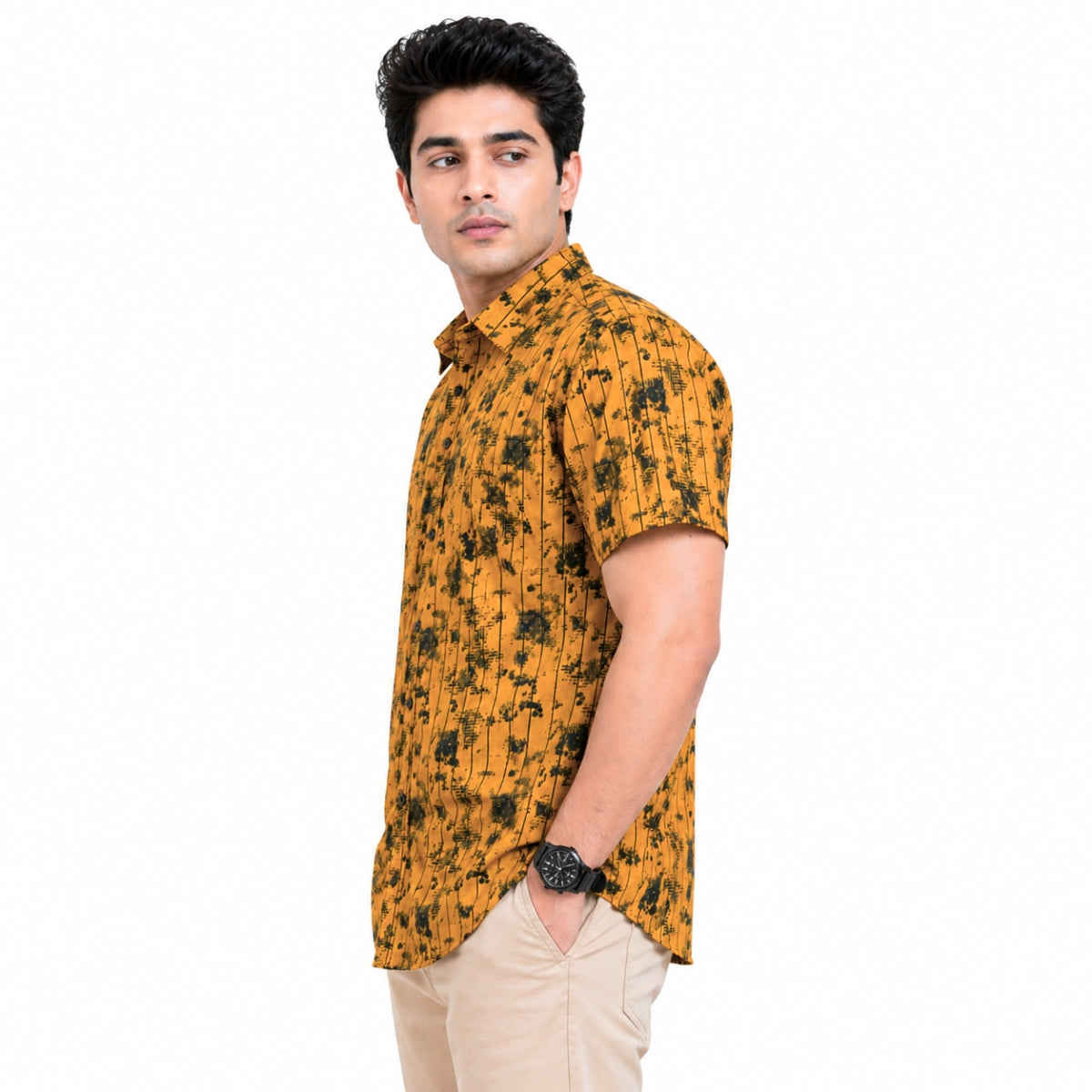Men’s Abstract Grid Printed Casual Shirt - Mustard