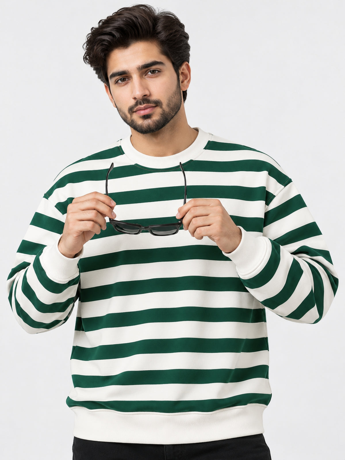 Men's Green & White Striped Fleece Sweatshirt