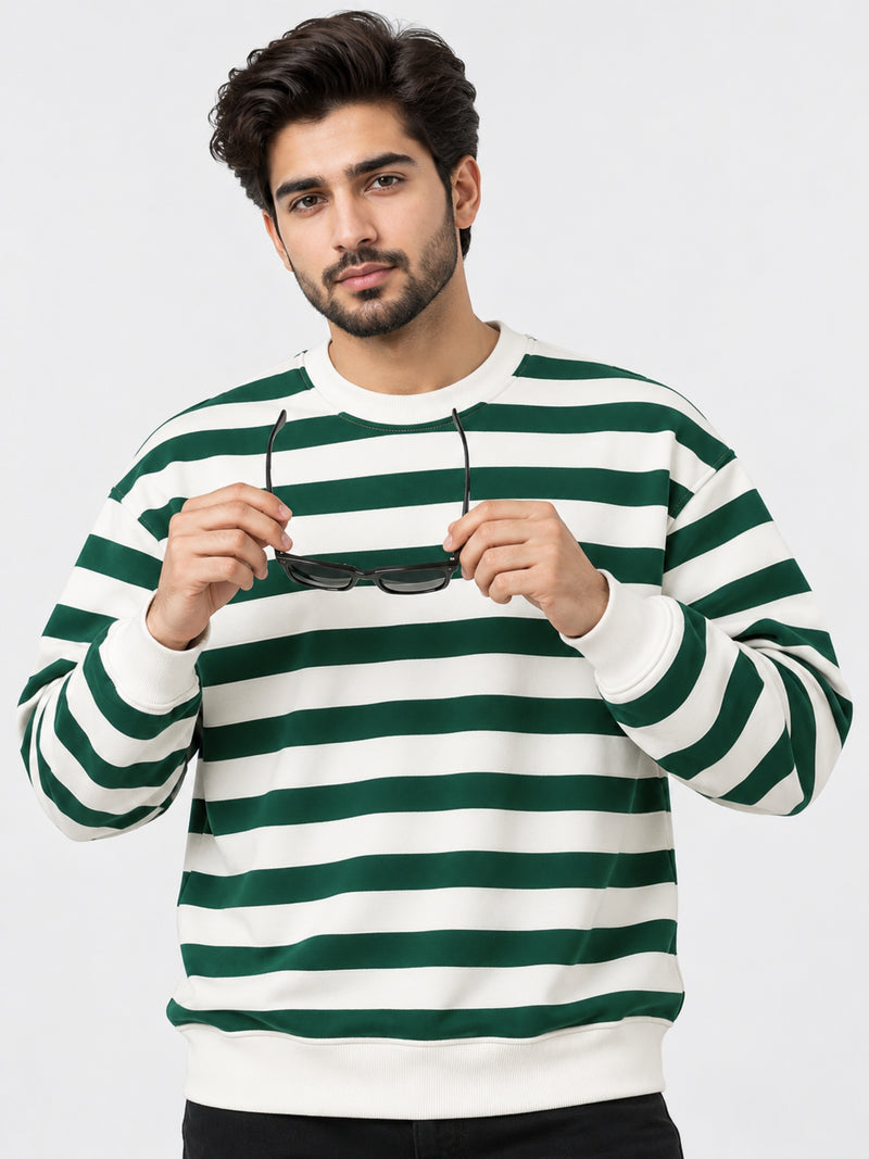 Men's Green & White Striped Fleece Sweatshirt