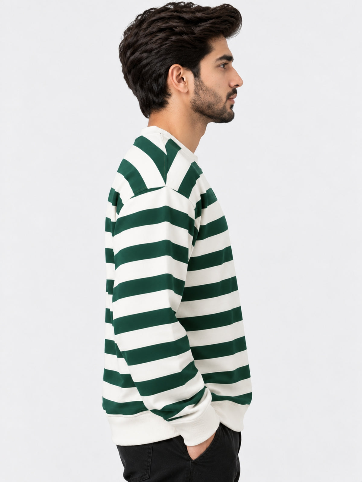 Men's Green & White Striped Fleece Sweatshirt