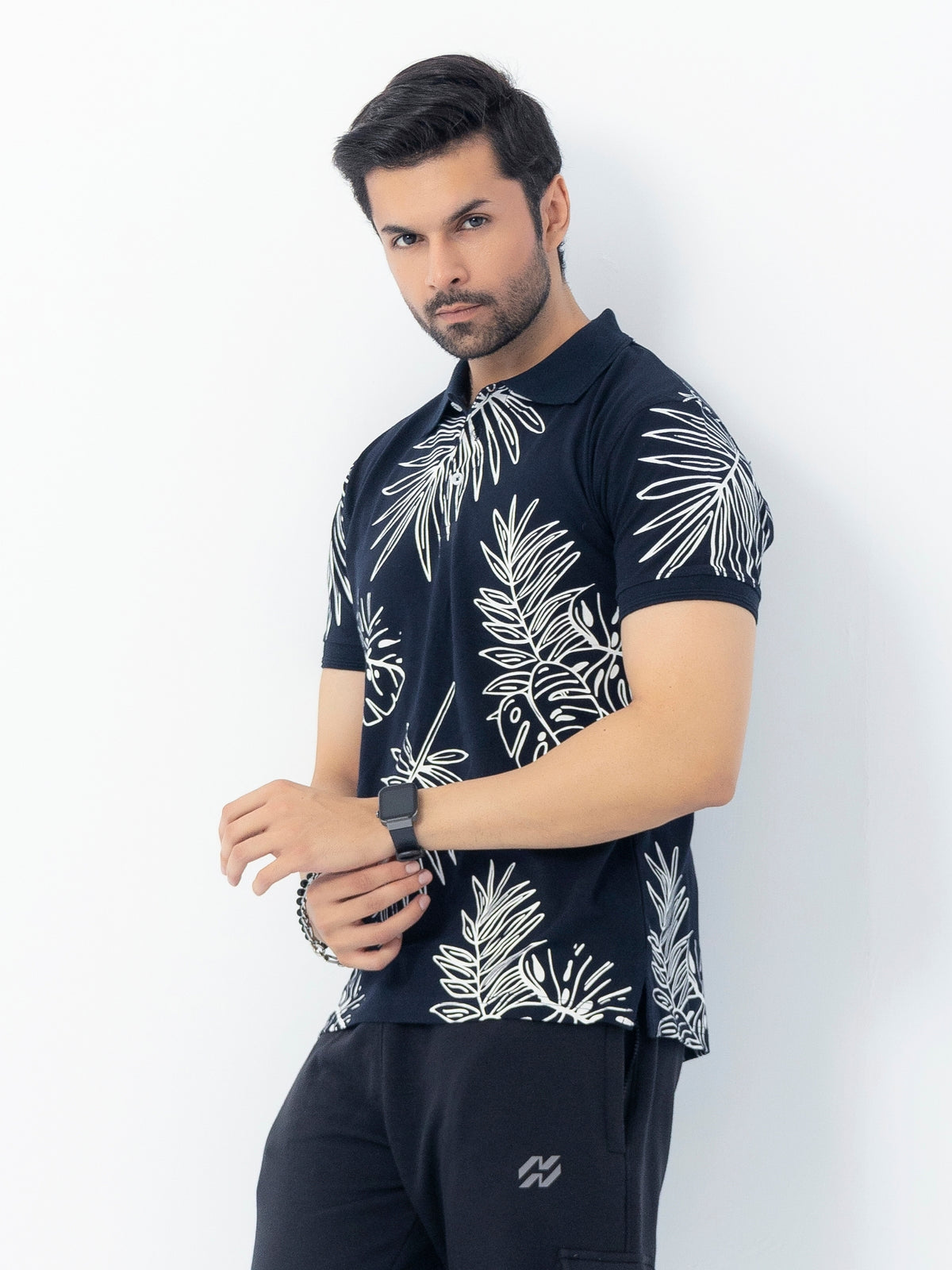 HG All Over Floral Printed Polo Shirt For Men's - Black Navy