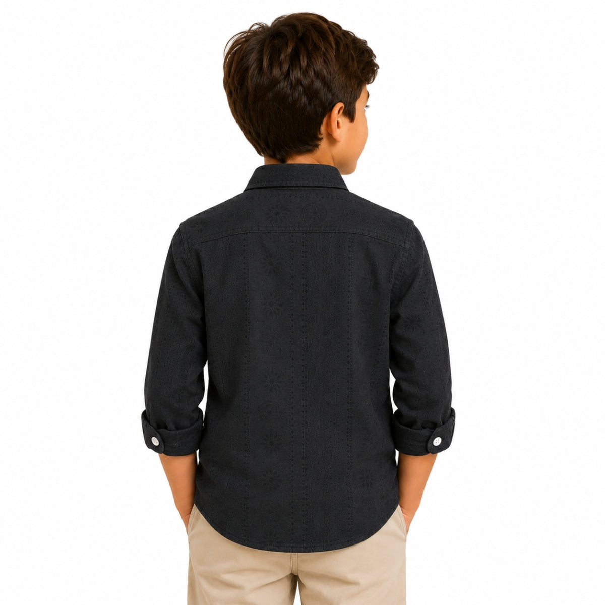 Boy's Elegant Self Printed Full Sleeves Casual Shirt - Black