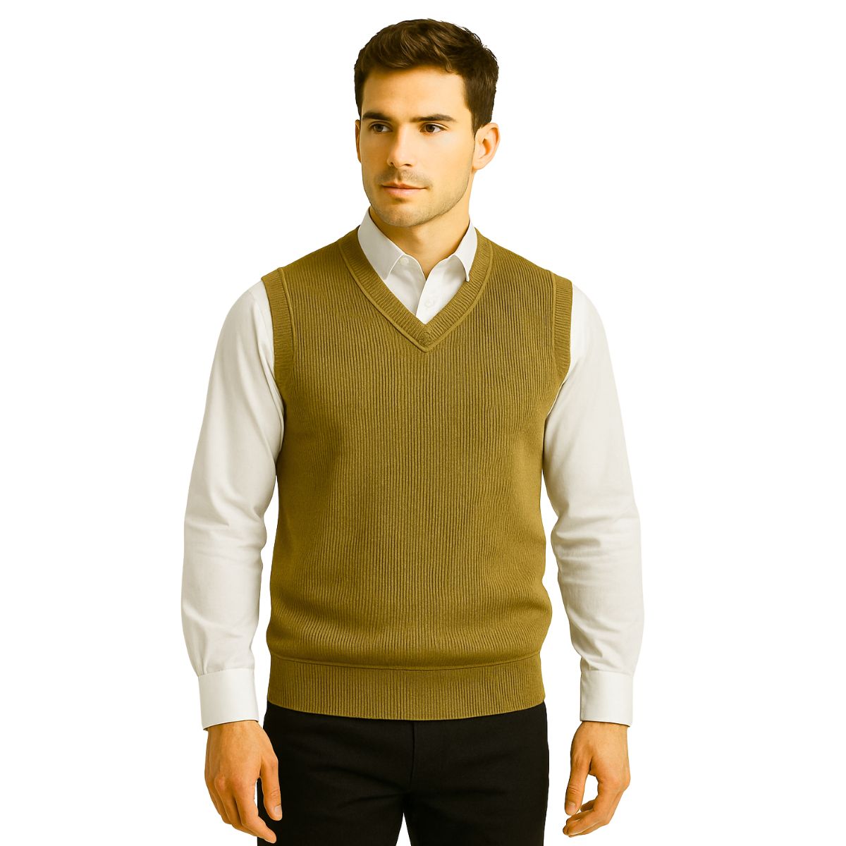 HG Men's Ribbed V-Neck Sleeveless Sweater - Gold Brown