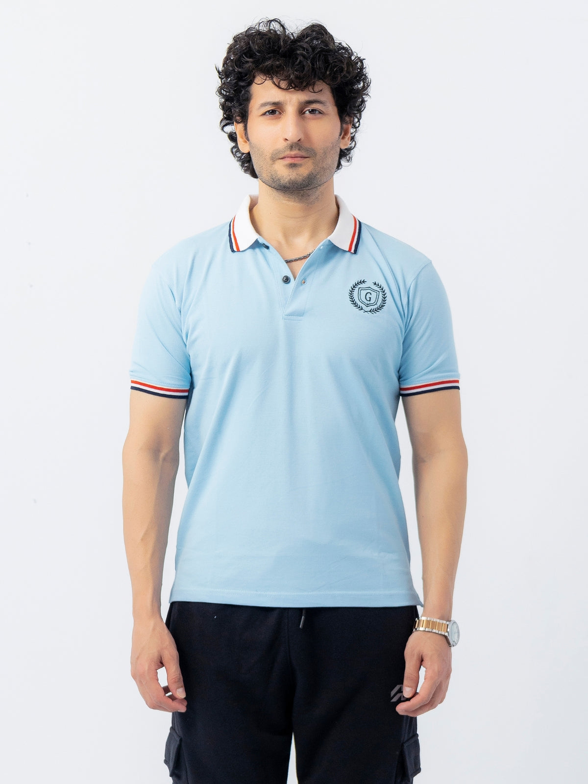 Mens’ Signature Embroidered Contrast Collar Polo Shirt – Sky Blue